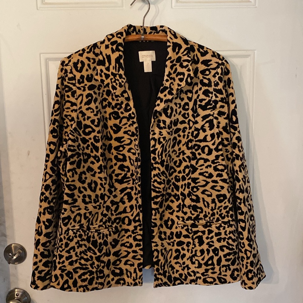 Chico’s Velvety Leopard Animal Print Open Front Jacket Blazer